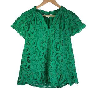 Nanette Lepore Top Lace Green XL Flutter Sleeve V-Neck Fully Lined